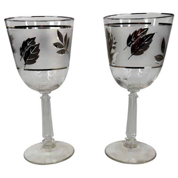 2 Libbey silver Leaf Frosted Water Glasses Wine Goblets Vintage Set MCM Barware - Picture 1 of 9